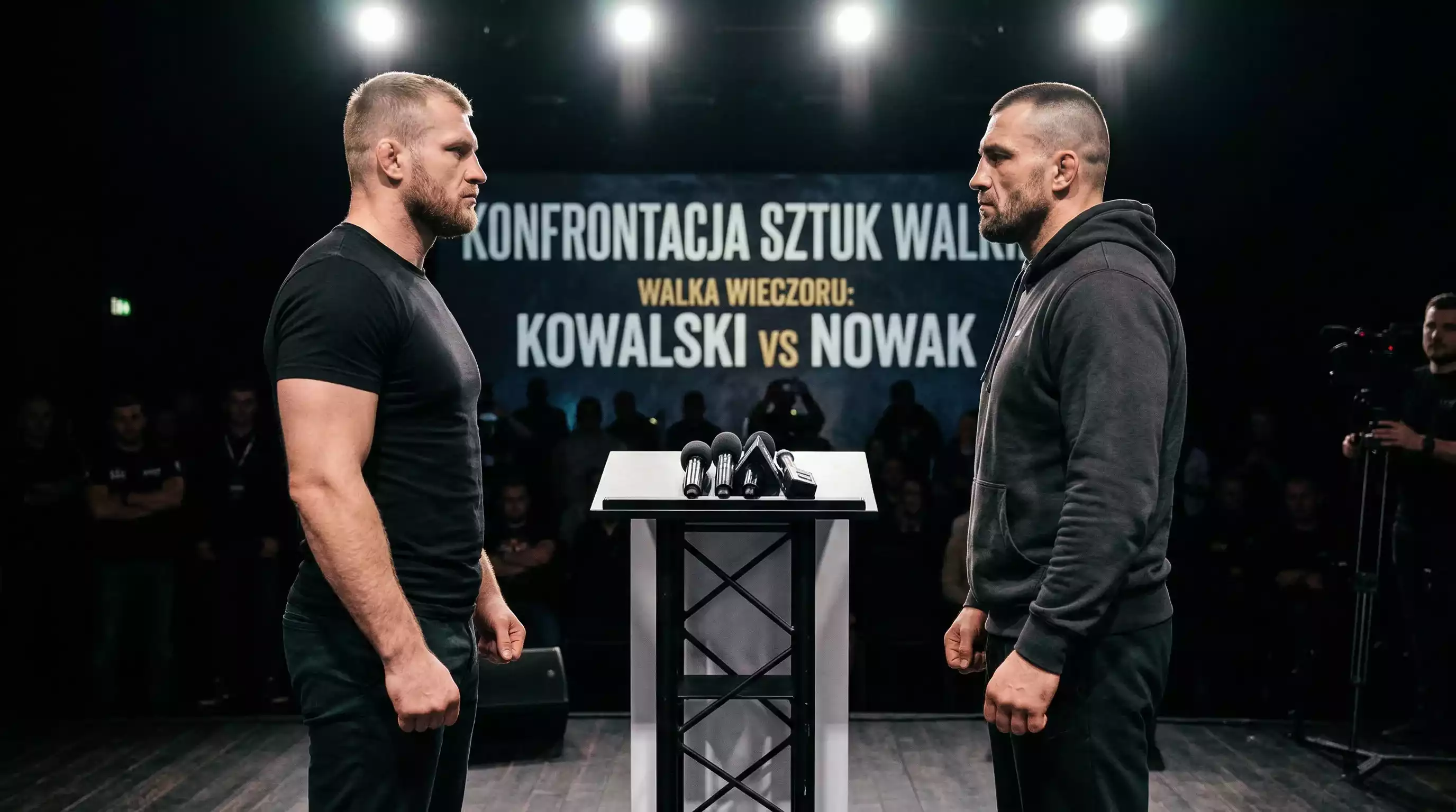 Scena konferencji prasowej z dwoma zawodnikami stojacymi naprzeciwko siebie podczas face-to-face