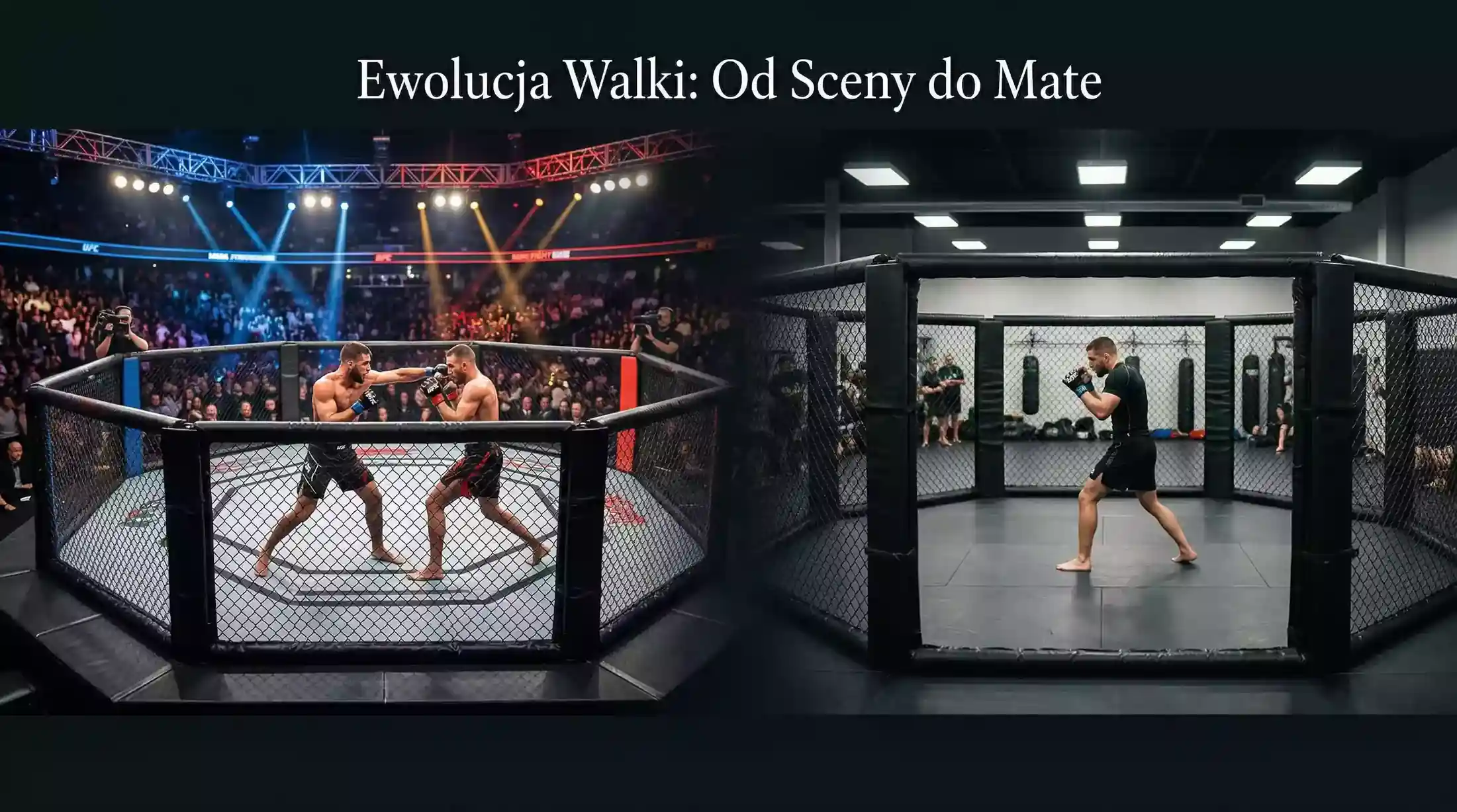 Podzielona klatka MMA z dwoma ringami symbolizujacymi porownanie federacji freak fight i profesjonalnego MMA