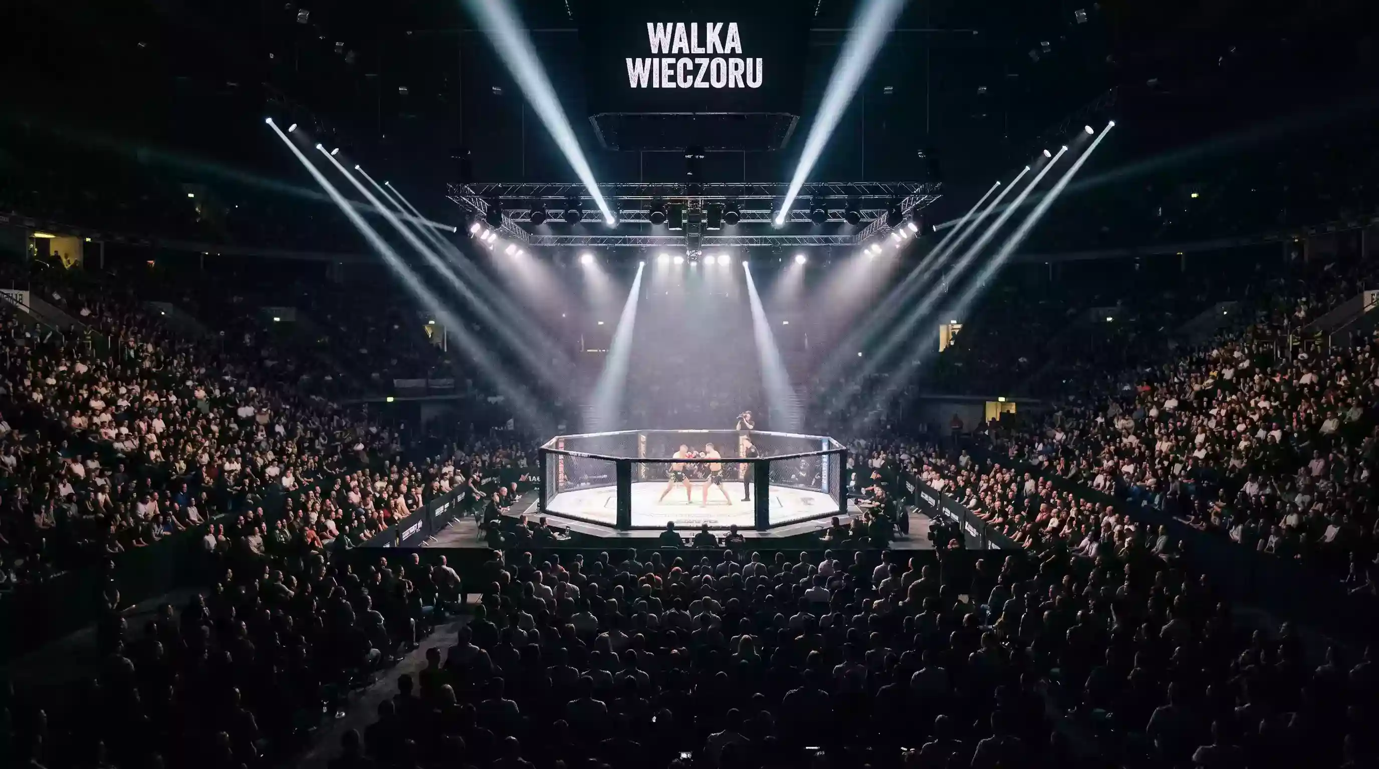 Oswietlona klatka MMA z reflektorami podczas walki wieczoru na pełnej arenie